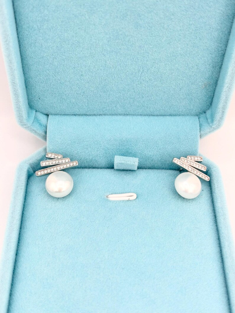 Freshwater Pearl Stud Earrings 925 Sterling Silver CZ Bar Minimalist