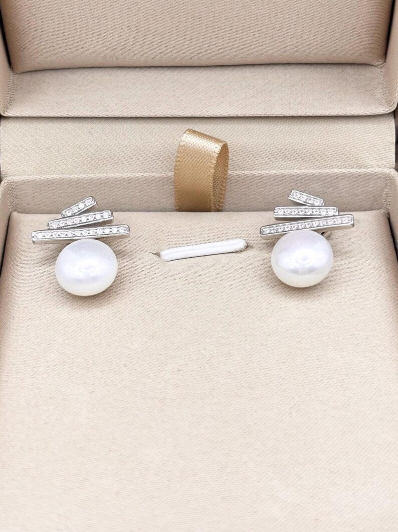 Freshwater Pearl Stud Earrings 925 Sterling Silver CZ Bar Minimalist