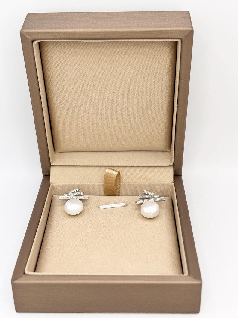 Freshwater Pearl Stud Earrings 925 Sterling Silver CZ Bar Minimalist