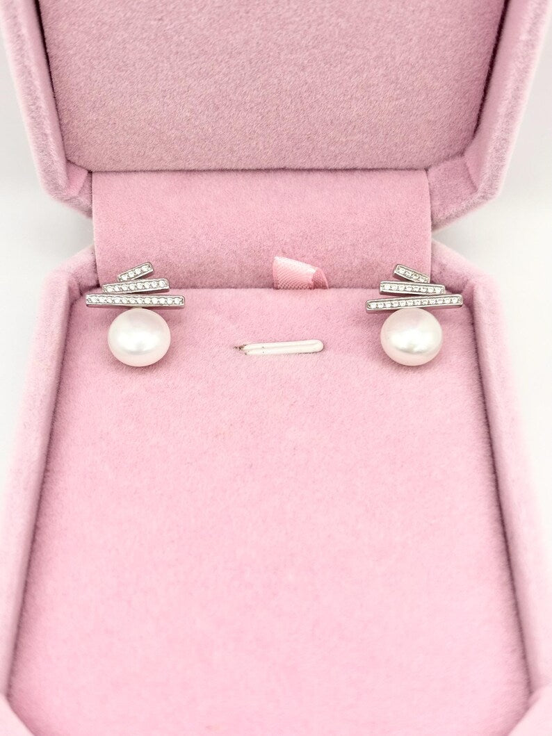 Freshwater Pearl Stud Earrings 925 Sterling Silver CZ Bar Minimalist