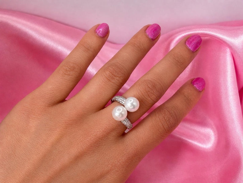 Double Freshwater Pearl Ring 925 Sterling Silver CZ Pavé Adjustable Open Band