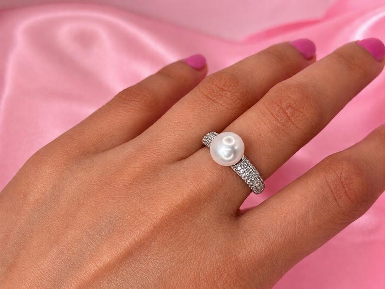 Freshwater Pearl Ring with CZ 925 Sterling Silver Pavé Adjustable Ring