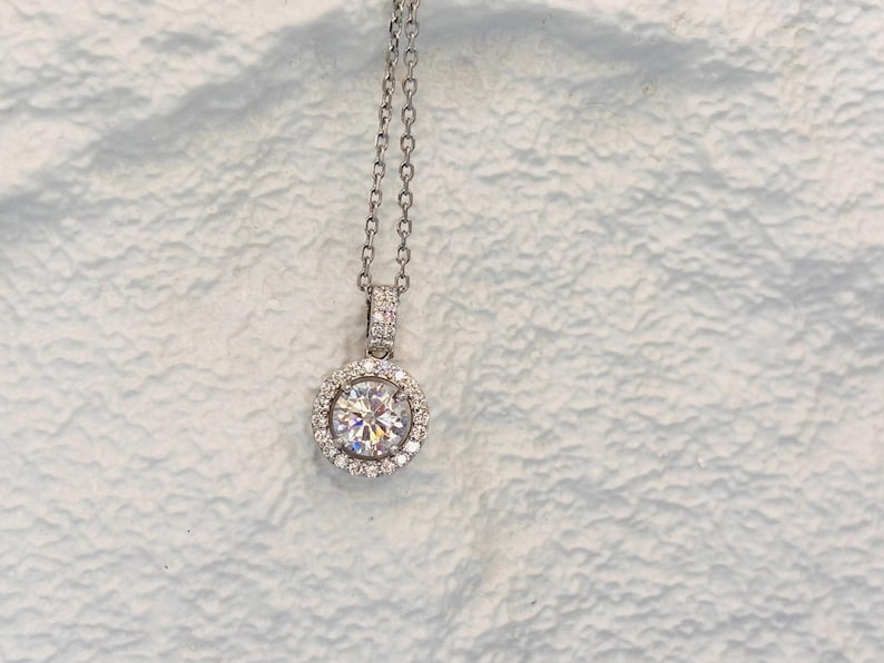1 Carat Moissanite Halo Necklace, 18K White Gold Plated Sterling Silver Pendant