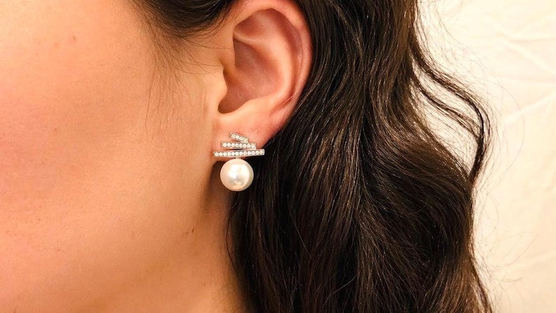 Freshwater Pearl Stud Earrings 925 Sterling Silver CZ Bar Minimalist