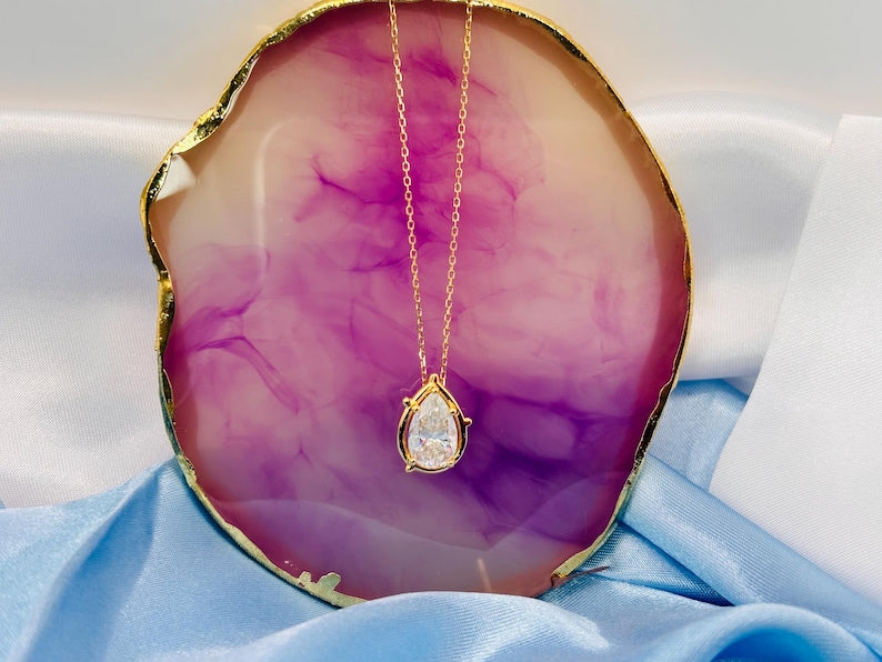2 Carat Pear Cut Moissanite Necklace, 18K Gold Plated Sterling Silver Pendant