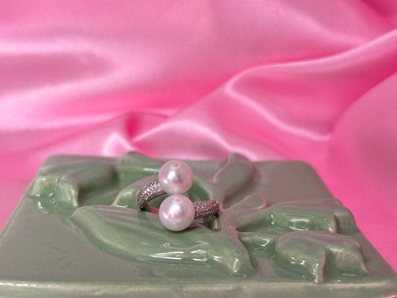 Double Freshwater Pearl Ring 925 Sterling Silver CZ Pavé Adjustable Open Band