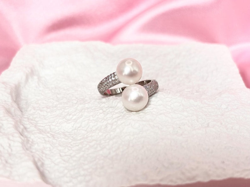 Double Freshwater Pearl Ring 925 Sterling Silver CZ Pavé Adjustable Open Band