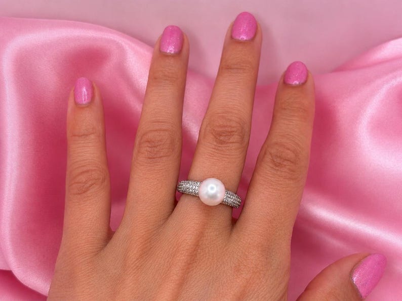 Freshwater Pearl Ring with CZ 925 Sterling Silver Pavé Adjustable Ring