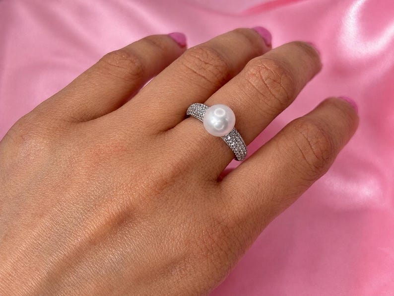 Freshwater Pearl Ring with CZ 925 Sterling Silver Pavé Adjustable Ring