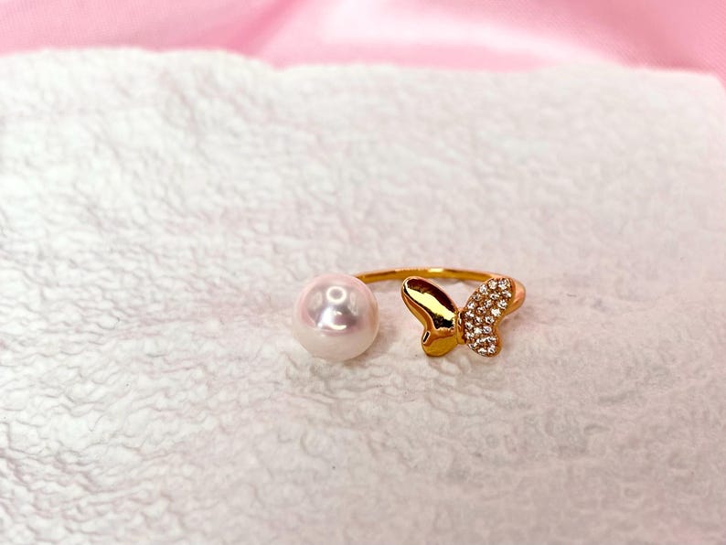 Freshwater Pearl Butterfly Ring 18K Gold Plated Sterling Silver CZ Pavé