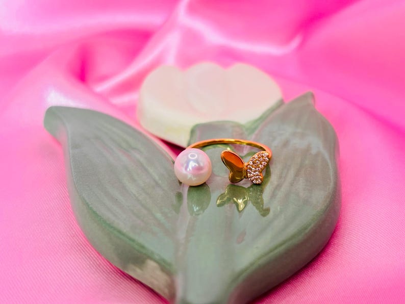 Freshwater Pearl Butterfly Ring 18K Gold Plated Sterling Silver CZ Pavé