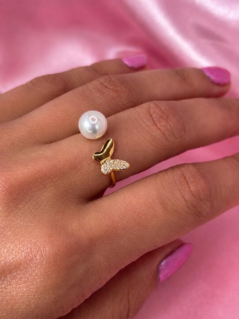 Freshwater Pearl Butterfly Ring 18K Gold Plated Sterling Silver CZ Pavé