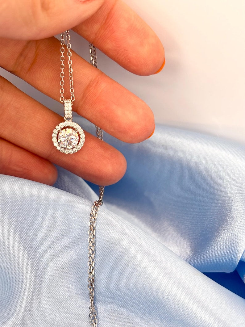 1 Carat Moissanite Halo Necklace, 18K White Gold Plated Sterling Silver Pendant