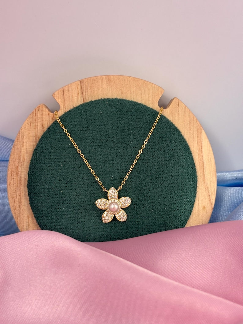 2CT Moissanite Flower Jewellery Set, Freshwater Pearl Necklace & Earrings, 18K Gold Plated