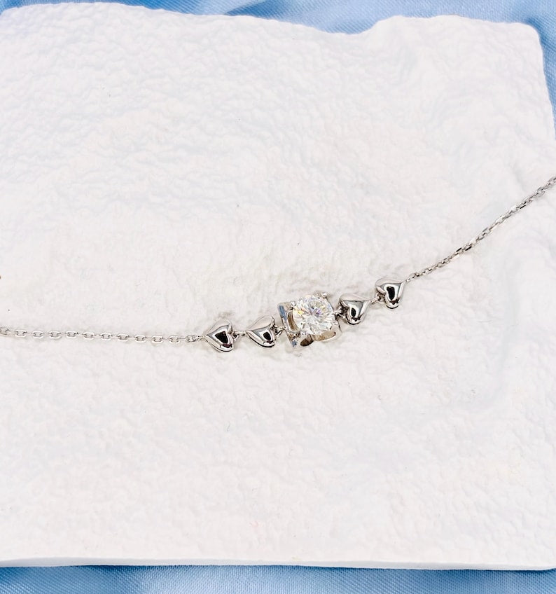 1 Carat Moissanite Heart Bracelet, 925 Sterling Silver, Dainty Romantic Jewelry