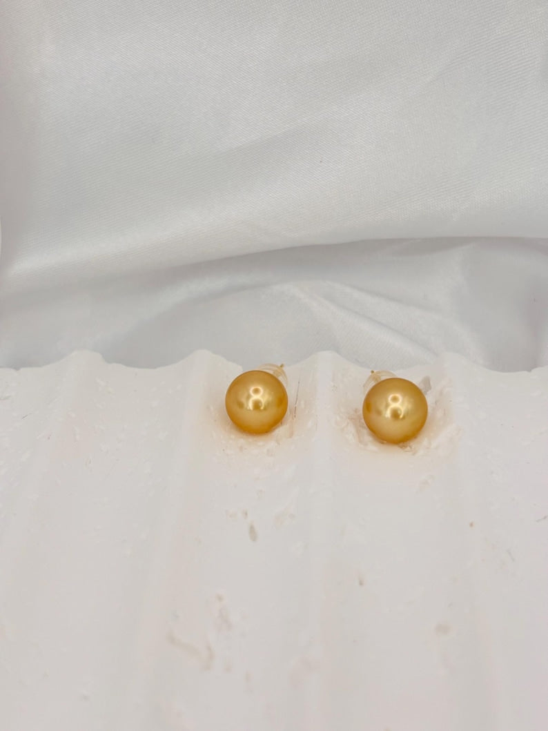 Certified Golden South Sea Pearl Stud Earrings, 9mm, Vivid Golden Yellow, 18K Solid Gold