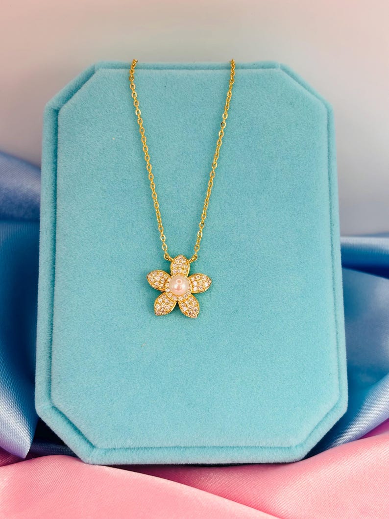 Pavé Moissanite Flower Necklace with Freshwater Pearl, 18K Gold Plated Sterling Silver