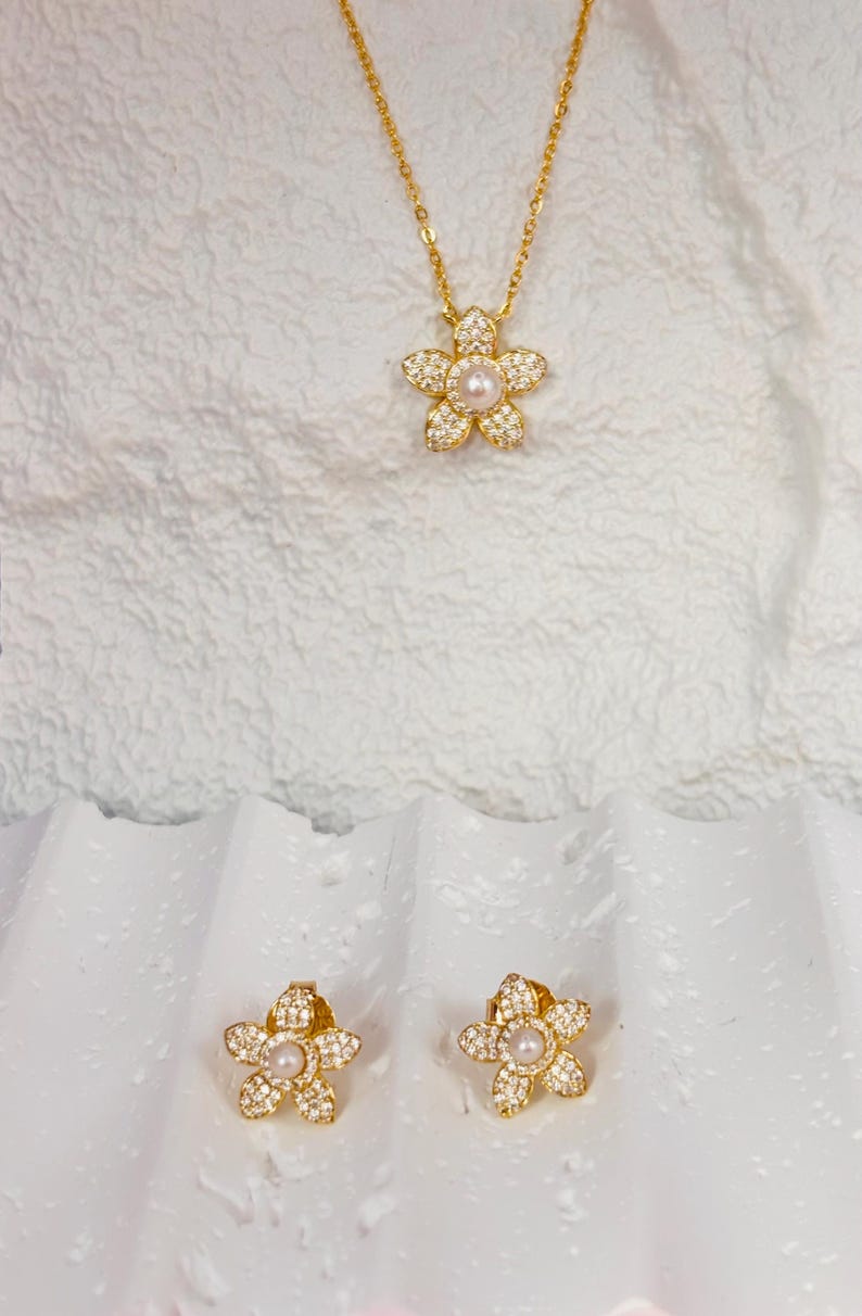 Pavé Moissanite Flower Stud Earrings with Freshwater Pearl, 18K Gold Plated Sterling Silver