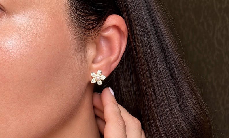 Pavé Moissanite Flower Stud Earrings with Freshwater Pearl, 18K Gold Plated Sterling Silver