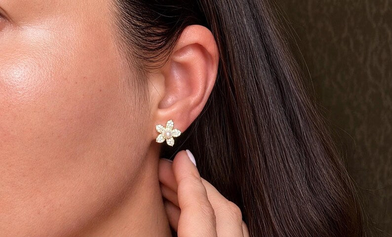 2CT Moissanite Flower Jewellery Set, Freshwater Pearl Necklace & Earrings, 18K Gold Plated