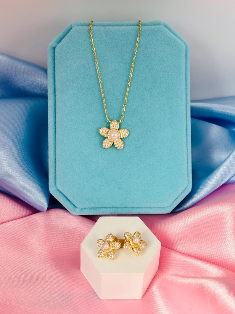 Pavé Moissanite Flower Stud Earrings with Freshwater Pearl, 18K Gold Plated Sterling Silver
