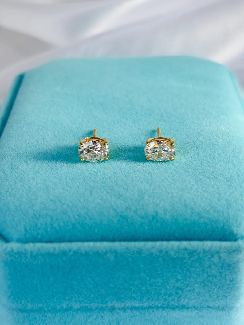 1CT Oval Moissanite Halo Stud Earrings, 18K Gold Plated Argentium Sterling Silver
