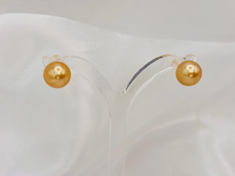 Certified Golden South Sea Pearl Stud Earrings, 9mm, Vivid Golden Yellow, 18K Solid Gold