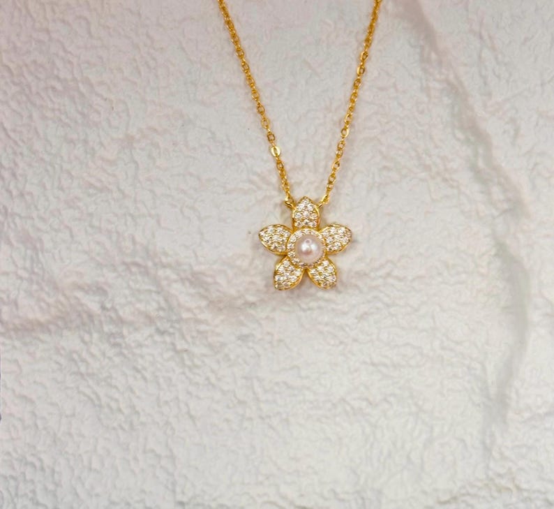 Pavé Moissanite Flower Necklace with Freshwater Pearl, 18K Gold Plated Sterling Silver