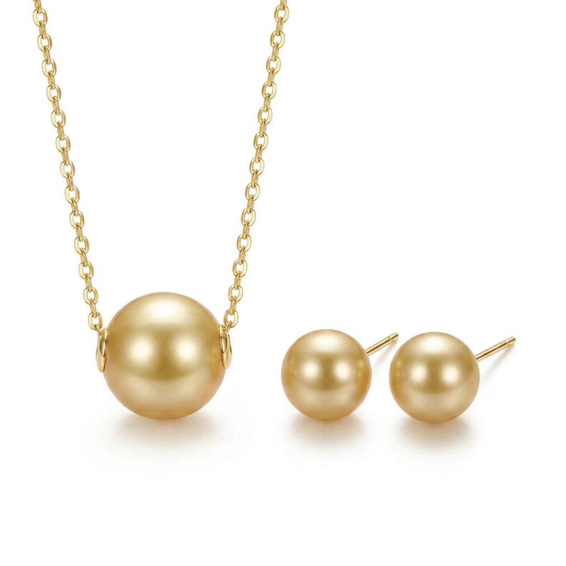 Certified 18K Solid Gold Golden South Sea Pearl Set, 10.8mm Necklace, 9mm Earrings
