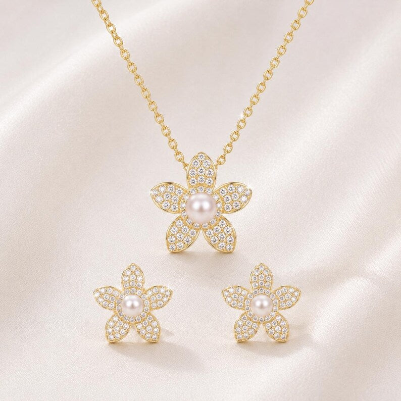 2CT Moissanite Flower Jewellery Set, Freshwater Pearl Necklace & Earrings, 18K Gold Plated