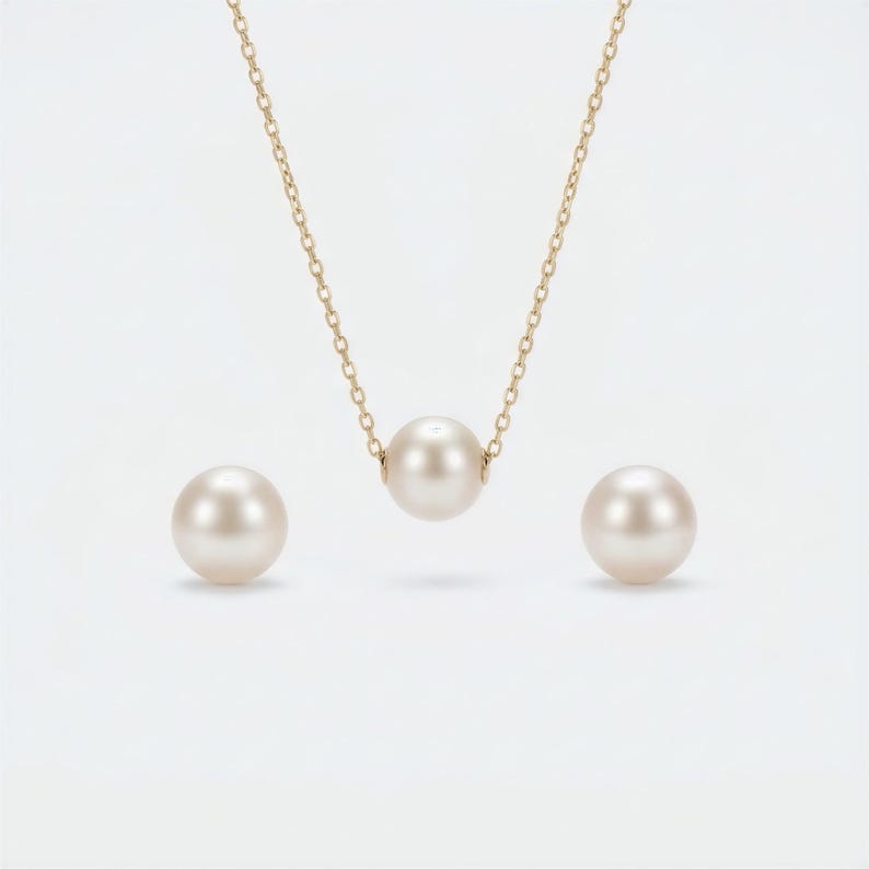 18K Solid Gold Freshwater Pearl Jewellery Set – 8mm Necklace & 9mm Stud Earrings