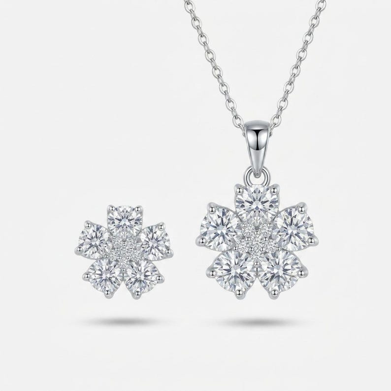 2CT Moissanite Flower Necklace & Earrings Set, 925 Sterling Silver Floral Jewellery