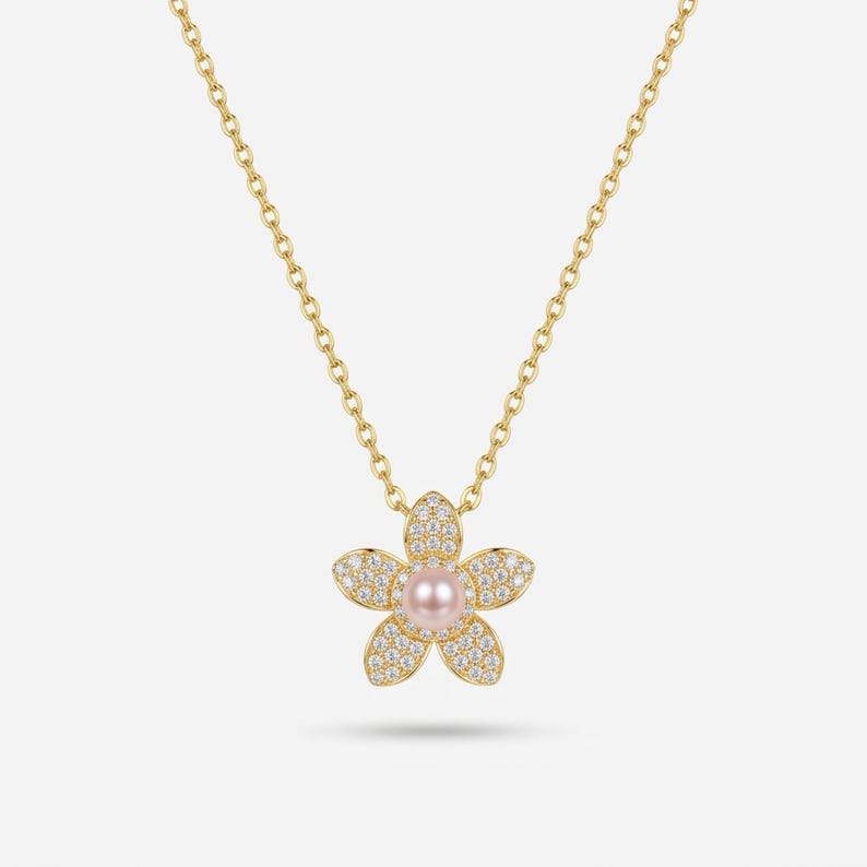 Pavé Moissanite Flower Necklace with Freshwater Pearl, 18K Gold Plated Sterling Silver