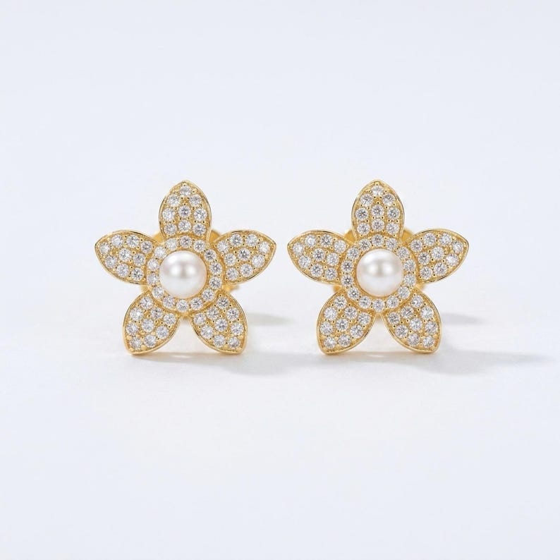 Pavé Moissanite Flower Stud Earrings with Freshwater Pearl, 18K Gold Plated Sterling Silver
