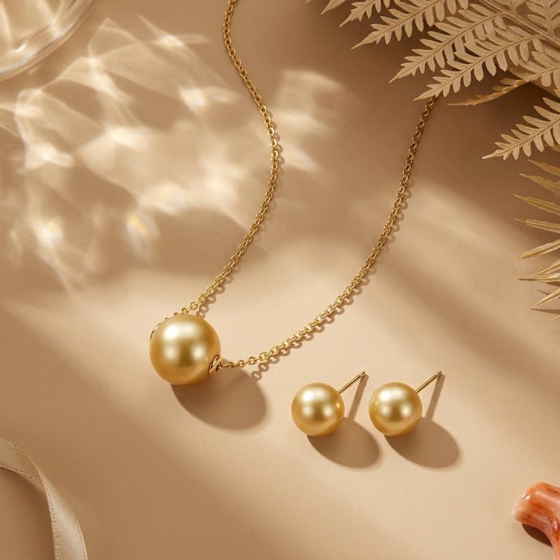 Certified 18K Solid Gold Golden South Sea Pearl Set, 10.8mm Necklace, 9mm Earrings