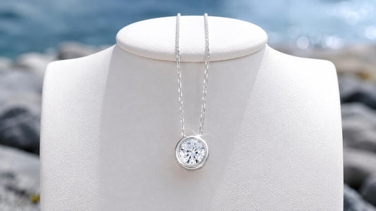 1 Carat Bezel Moissanite Necklace, 18K White Gold Plated Sterling Silver Pendant
