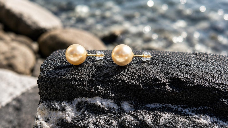 Certified Golden South Sea Pearl Stud Earrings, 9mm, Vivid Golden Yellow, 18K Solid Gold