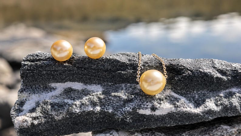 Certified 18K Solid Gold Golden South Sea Pearl Set, 10.8mm Necklace, 9mm Earrings