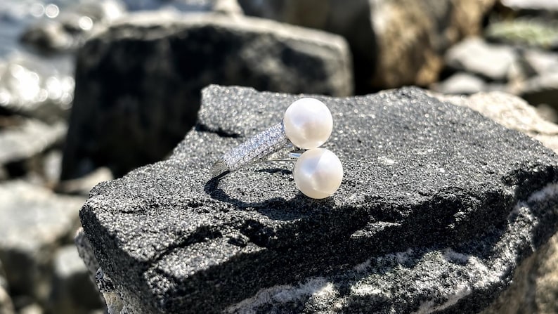 Double Freshwater Pearl Ring 925 Sterling Silver CZ Pavé Adjustable Open Band