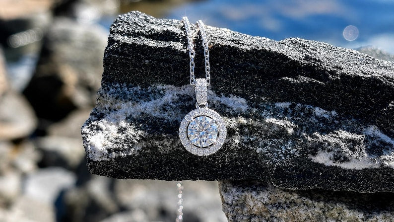 1 Carat Moissanite Halo Necklace, 18K White Gold Plated Sterling Silver Pendant