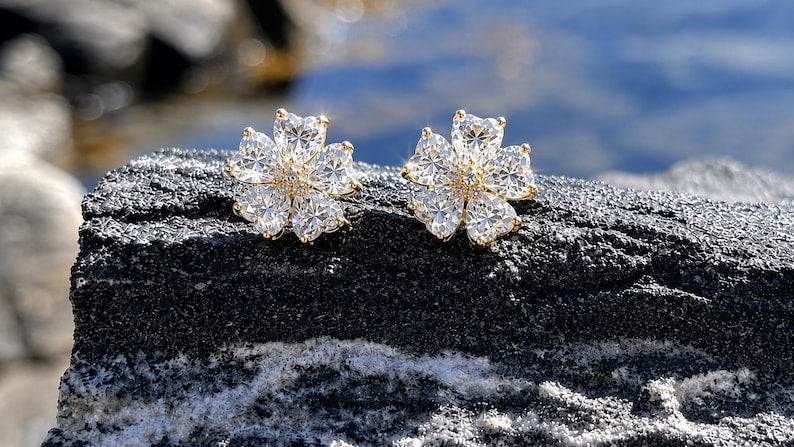 18K Gold-Plated Moissanite Flower Stud Earrings | 925 Sterling Silver