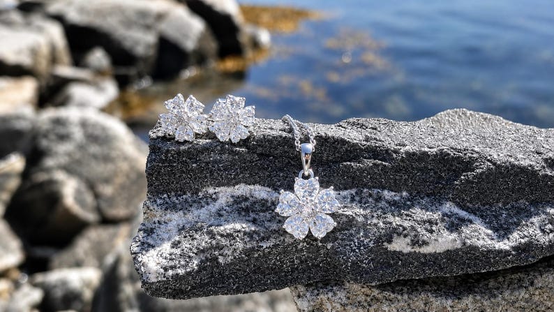 2CT Moissanite Flower Necklace & Earrings Set, 925 Sterling Silver Floral Jewellery