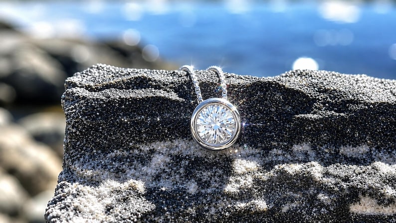 1 Carat Bezel Moissanite Necklace, 18K White Gold Plated Sterling Silver Pendant