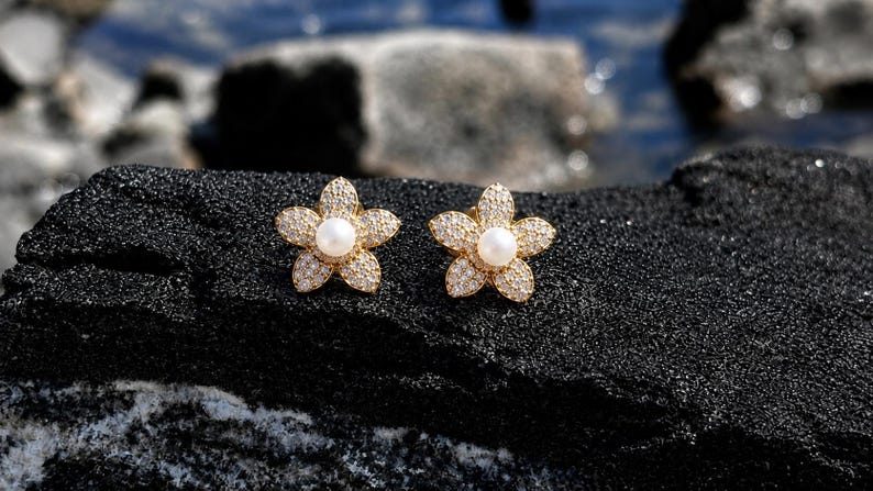 Pavé Moissanite Flower Stud Earrings with Freshwater Pearl, 18K Gold Plated Sterling Silver