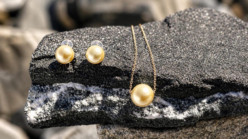 Certified 18K Solid Gold Golden South Sea Pearl Set, 10.8mm Necklace, 9mm Earrings