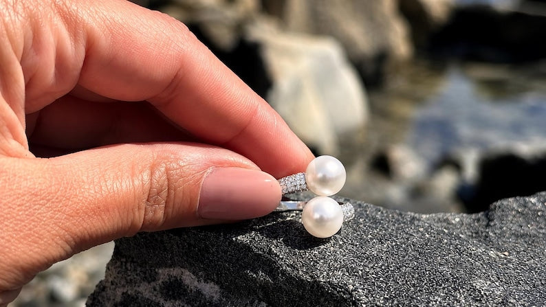 Double Freshwater Pearl Ring 925 Sterling Silver CZ Pavé Adjustable Open Band