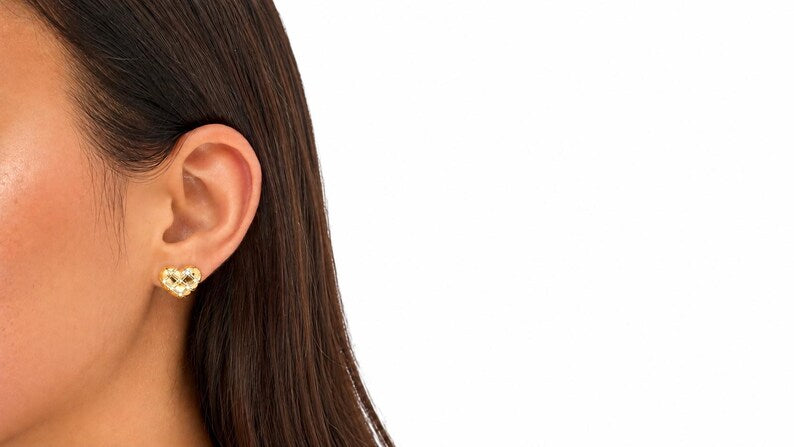 Textured Heart Moissanite Stud Earrings | 18K Gold-Plated 925 Sterling Silver