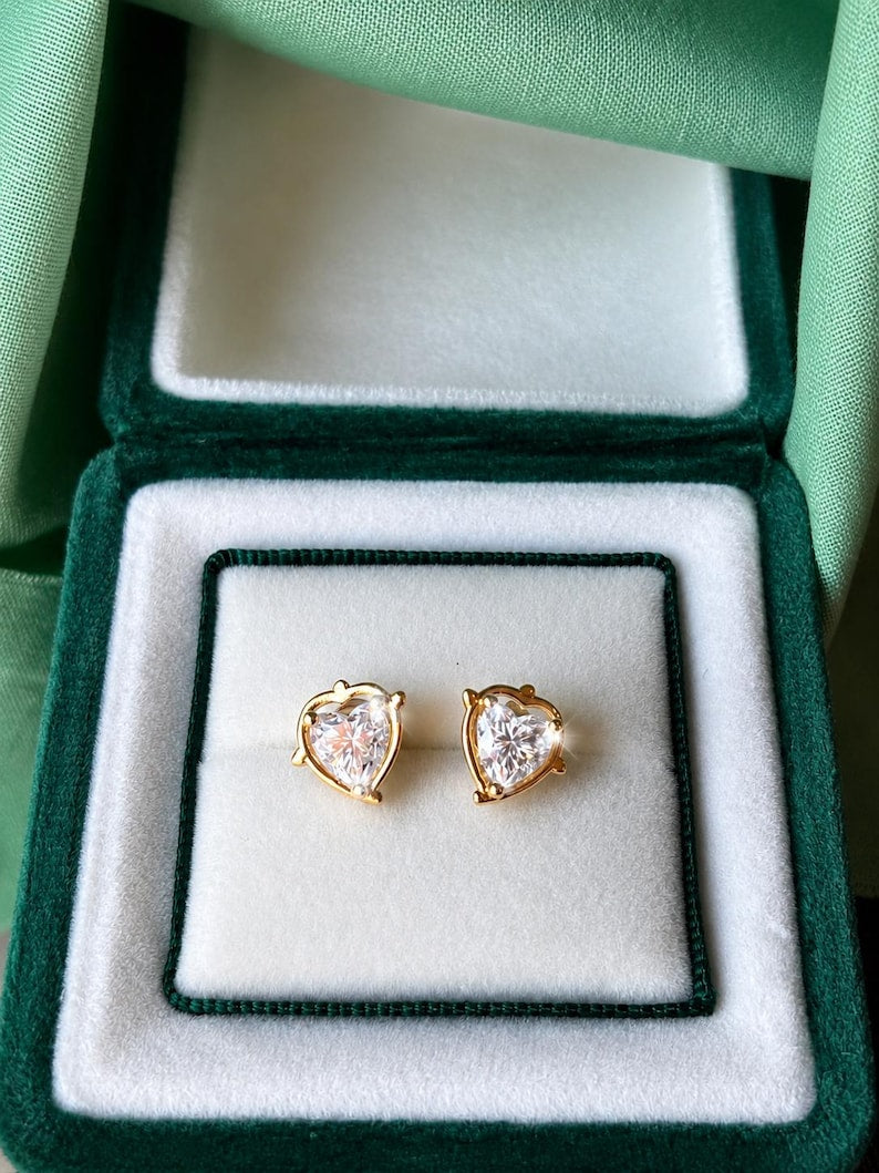 Heart Cut Moissanite Stud Earrings | 18K Gold-Plated 925 Sterling Silver