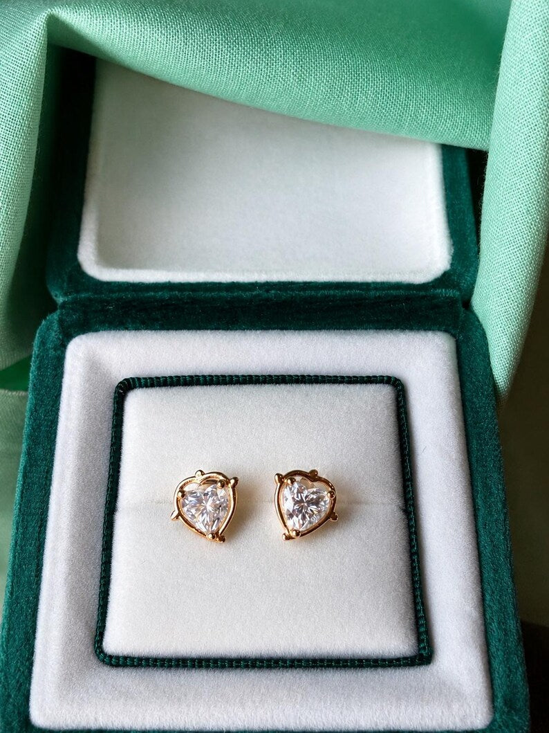 Heart Cut Moissanite Stud Earrings | 18K Gold-Plated 925 Sterling Silver