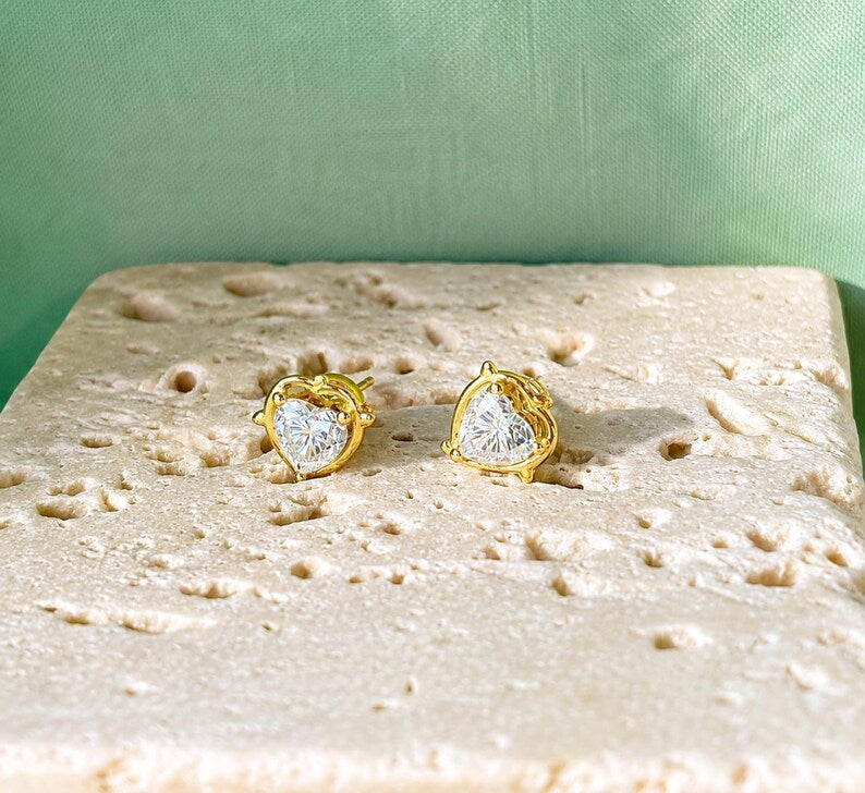 Heart Cut Moissanite Stud Earrings | 18K Gold-Plated 925 Sterling Silver